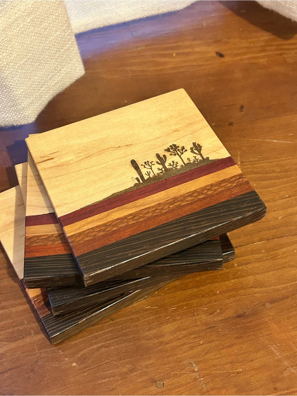 Hand Crafted Natural Wood Coasters with Desert Inlay - Brown, Tan, Red, Black
